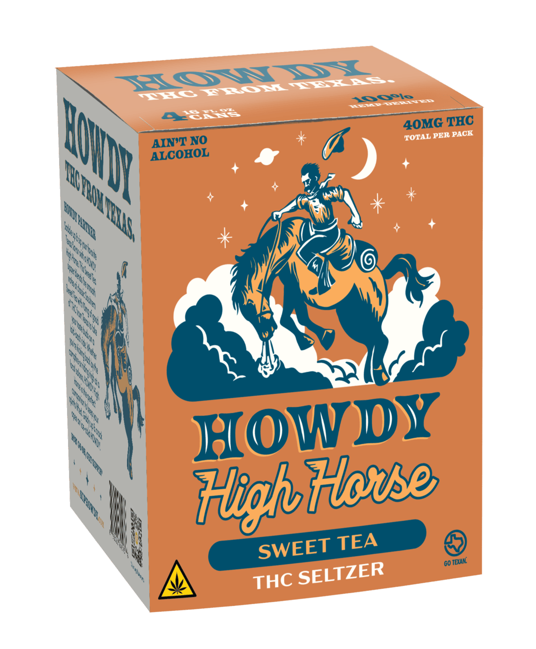 Box of Howdy High Horse THC Seltzer Sweet Tea with a cowboy on a horse design.