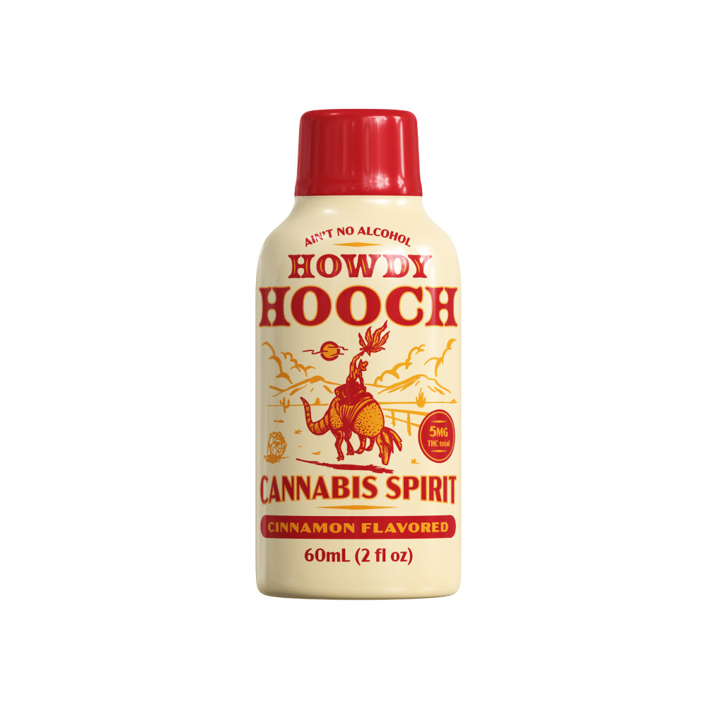 Bottle of Howdy Hooch Cannabis Spirit with a red cap on a white background