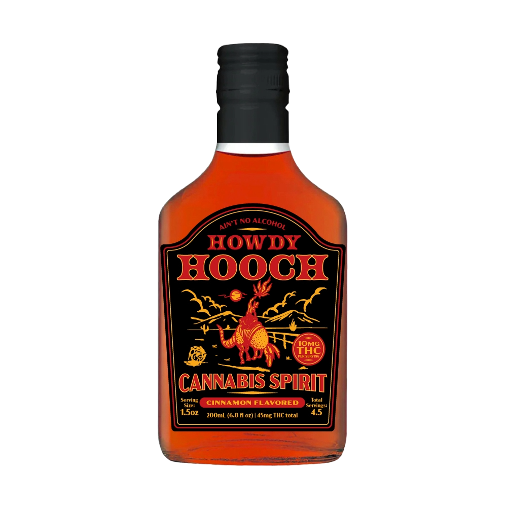Bottle of Howdy Hooch Cannabis Spirit on a white background