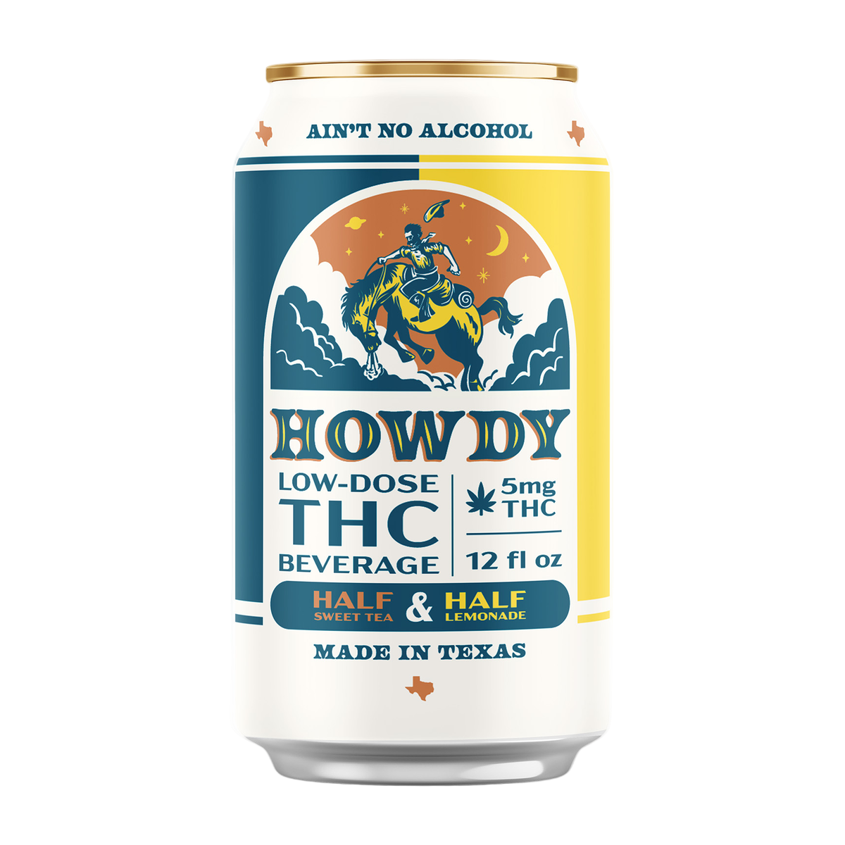Can of Howdy low-dose THC beverage with colorful label and branding.