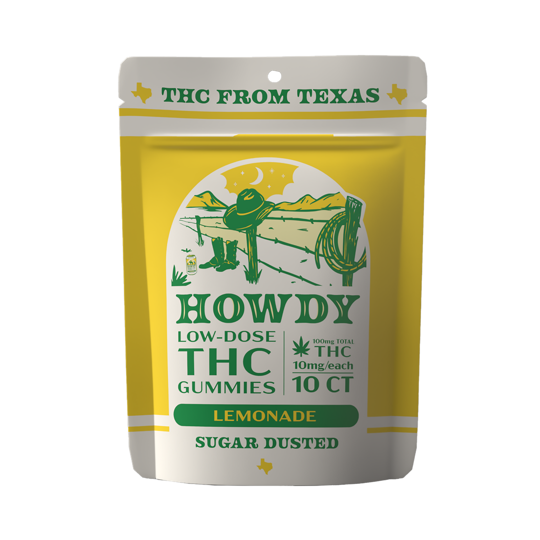 HOWDY Low-Dose THC Gummies, Lemonade, 10 count, 10mg THC per gummy, 100mg total, sugar dusted - front of pouch