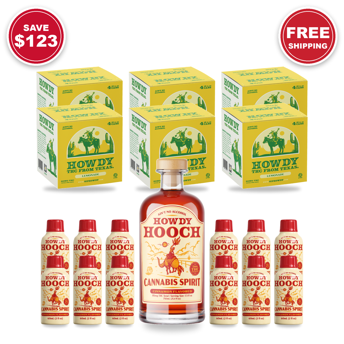 Howdy White Label Bundle: 6 Howdy Lemonade 4-packs, a Hooch White Label 750mL and a 12-count carton of Hooch White Label shots. Save $123, free shipping